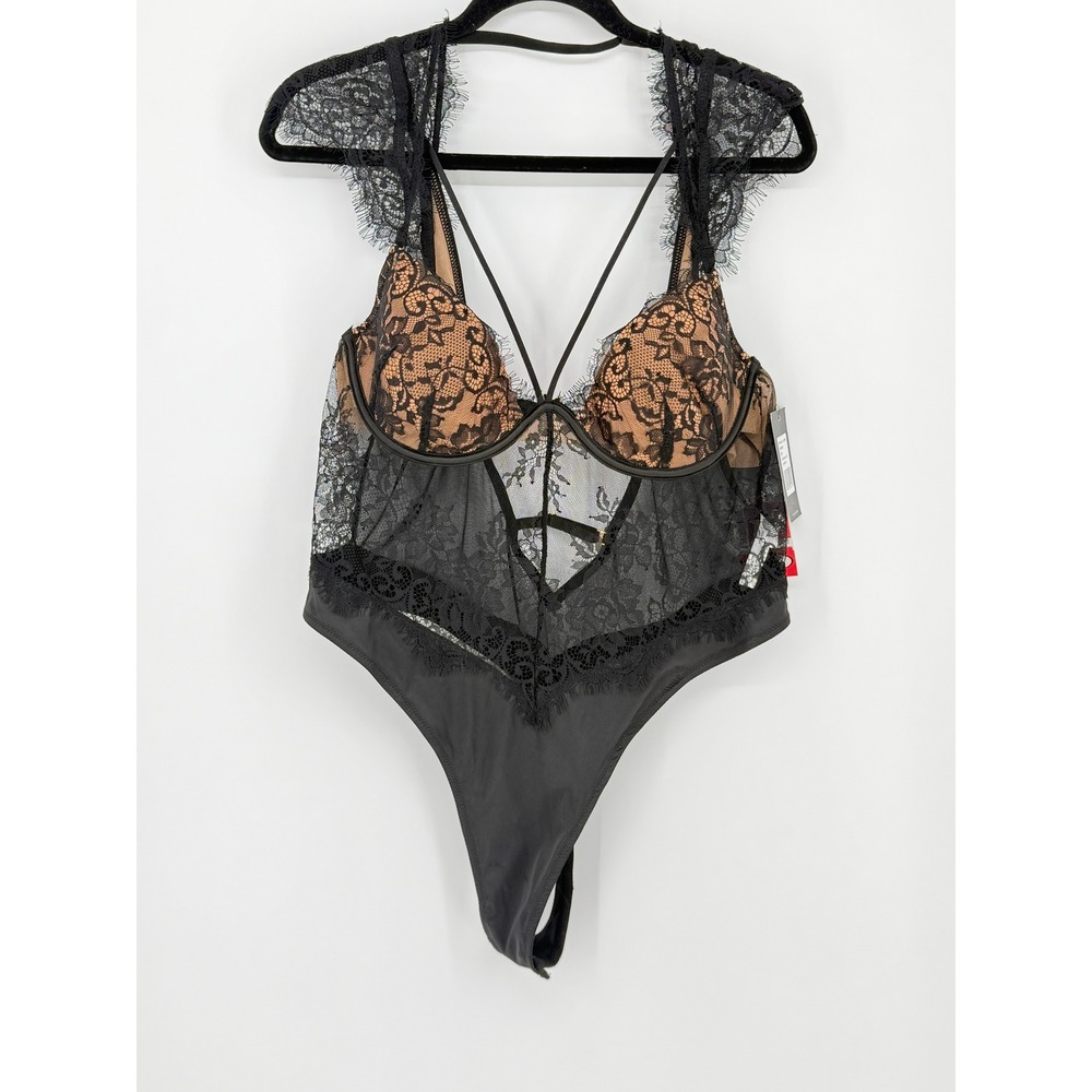 Oh La La Cheri New Black Lace Underwire Bodysuit Nude Illusion Caged Back NWT